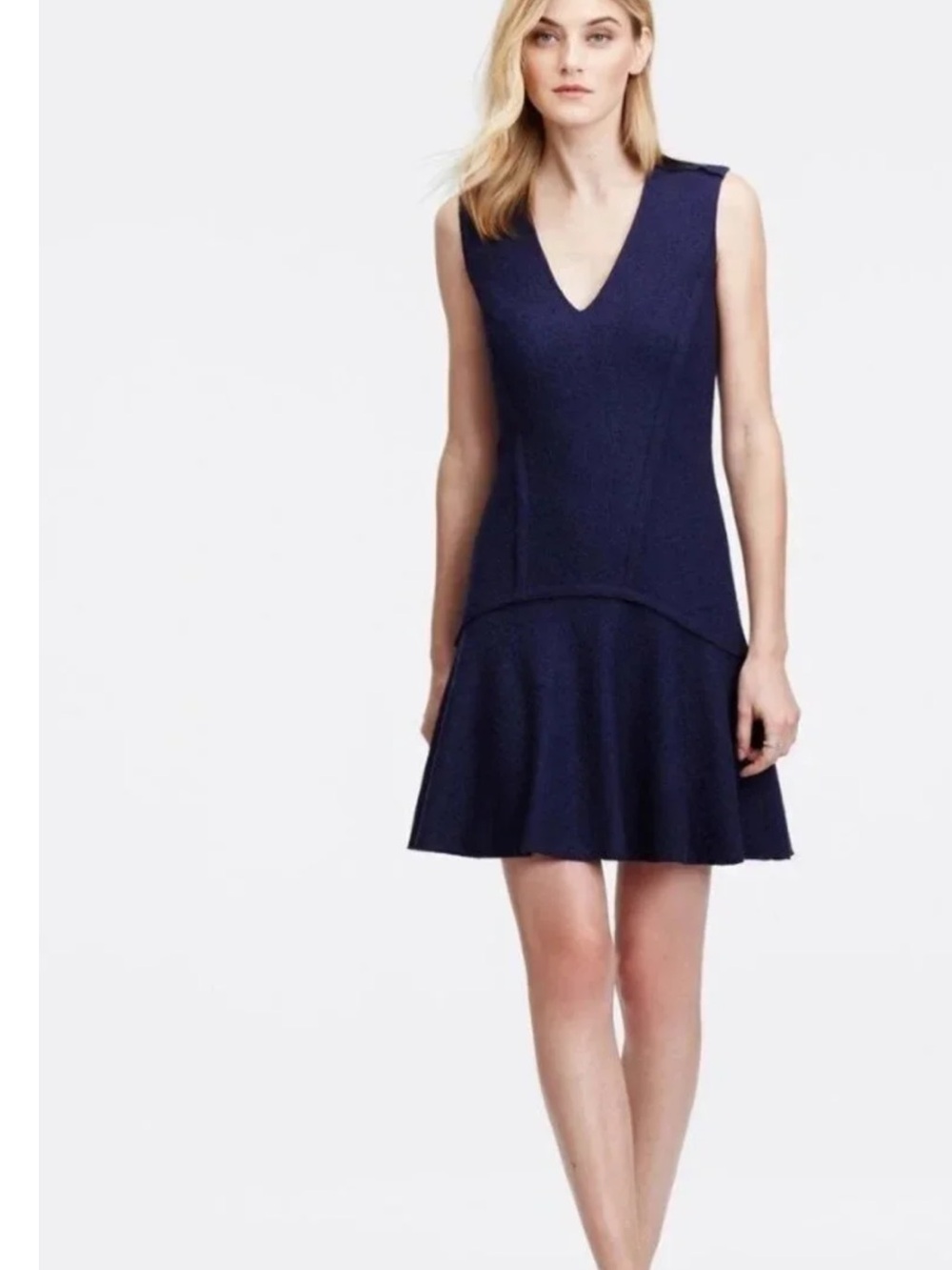 Ann Taylor Navy V-Neck Sleeveless Flared Dress